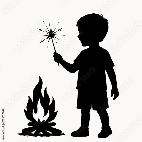 A silhouette of a child holding a sparkler next to a campfire on silhouette vector illustration