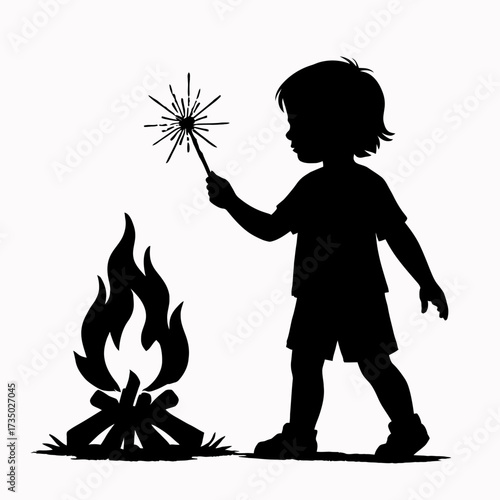 A silhouette of a child holding a sparkler next to a campfire on silhouette vector illustration