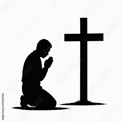 Silhouette of a person kneeling in prayer before a cross on vector illustration