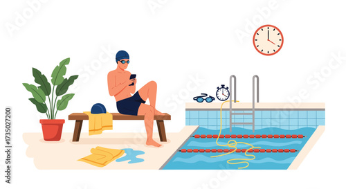 Swimmer on bench using phone near pool with clock and plant.