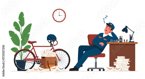 Exhausted Postman Slumbers at Desk with Bicycle and Overfilled Mailbag.