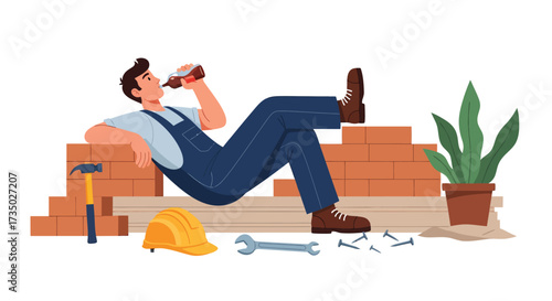 Relaxed Bricklayer Sipping a Drink with Tools and Plant Nearby.