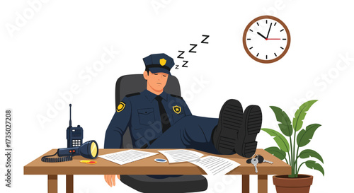 Sleeping Officer with Feet Up on Desk Clock Ticking Radio Flashlight Keys.