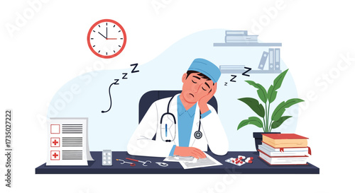 Exhausted Doctor Slumped at Desk with Medical Tools and Patient Records.