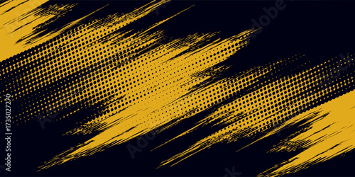 Halftone yellow dots pattern and black gradient grunge texture background. Dotted line comic sport style vector illustration.