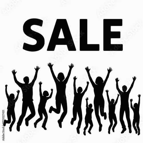 Excited People Jumping Big Sale Event silhouette vector 