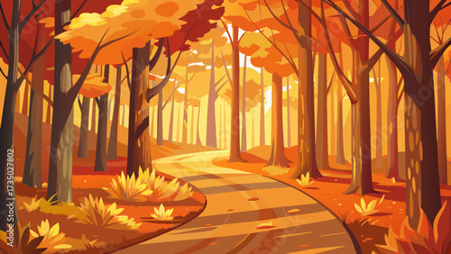 a winding road through an autumn forest, bathed in warm golden sunlight with trees displaying rich orange and yellow foliage. Ideal for fall, nature, and scenic travel themes.
