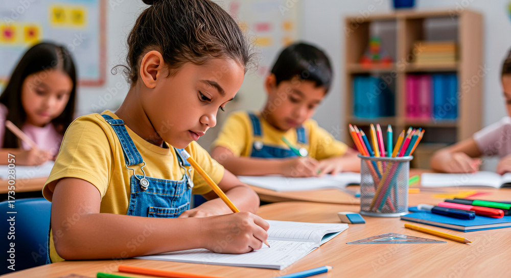 Fototapeta premium Quiet concentration: A student writes in a notebook during class.
