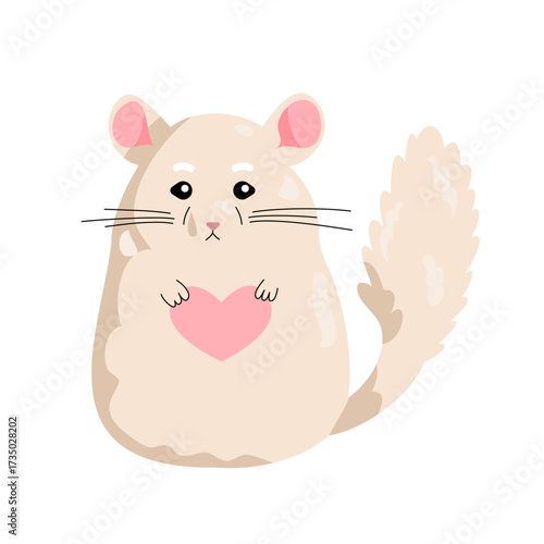 Cute white cartoon chinchilla holding a pink heart vector illustration. Kawaii animal character isolated on white.