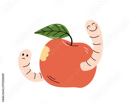 Cute vector illustration of two funny worms living inside a red apple. Garden humorous cartoon graphic.