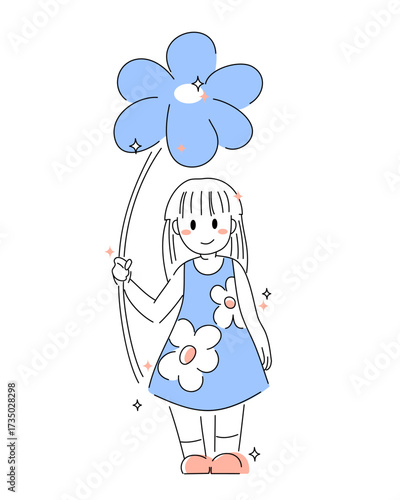 Hand-drawn cute girl in floral dress holding a giant blue magical flower. Line art flat vector Illustration in Scandinavian doodle style.
