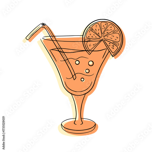 Minimalist summer cocktail line art with orange citrus slice. Elegant hand-drawn cocktail with straw and garnish isolated, contemporary bar style.