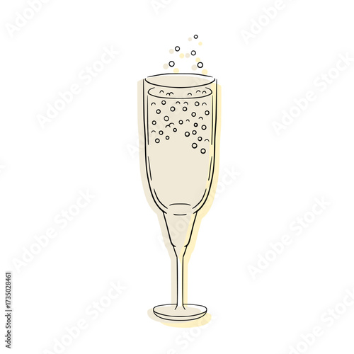 Modern sparkling wine glass vector illustration with rising bubbles. Icon for cafe, bars, and drinking menu.