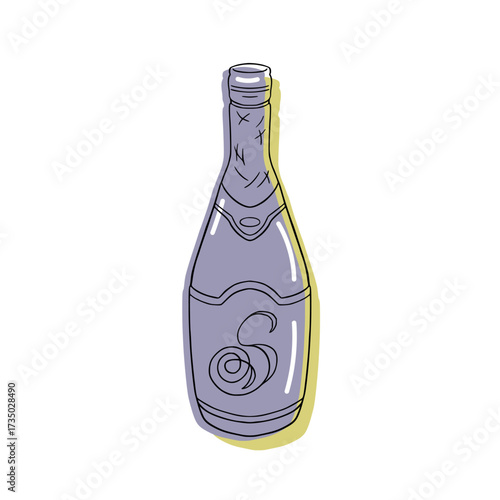Minimalist champagne bottle line art with purple offset colour. Elegant hand-drawn prosecco bottle in contemporary style.