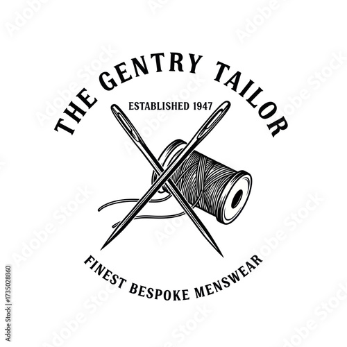A vintage-style black and white logo for "The Gentry Tailor" featuring crossed sewing needles and a spool of thread, with text "Established 1947" and "Finest Bespoke Menswear".