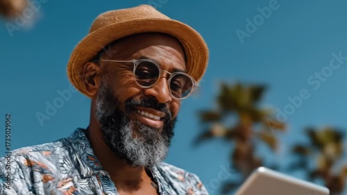 Smiling Man Using Tablet Outdoors on Sunny Day