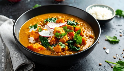 Hearty plant-based curry styled for international cuisine, emphasizing rich flavors and wholesome nutrition.