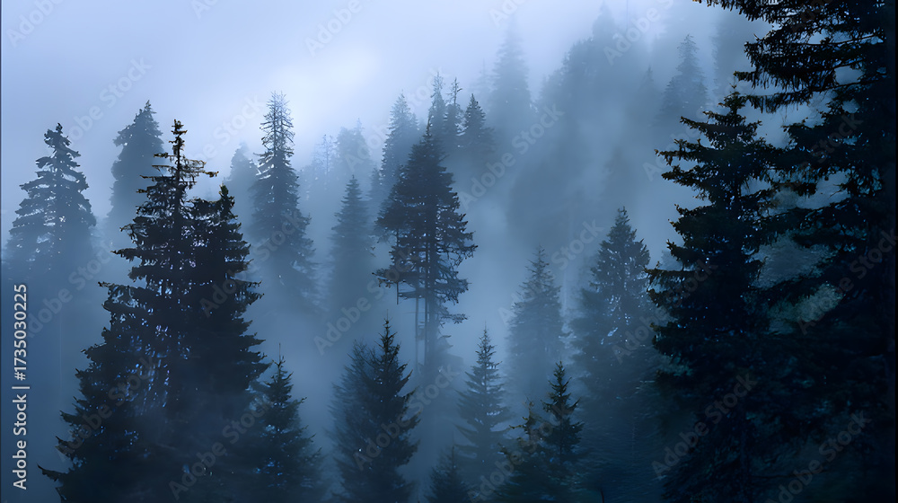 Obraz premium A misty forest at dusk, tall pines shrouded in fog, evoking a sense of mystery and quiet solitude.