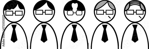 メガネのビジネスマンの髪型と年齢の変化アイコンセット（若者から中年までの進行）