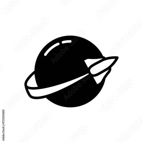 Monochrome minimalist graphic illustration featuring a stylized planet with a distinct ring system, 