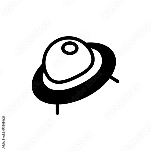 A simple, bold, black and white line drawing of a classic flying saucer, iconic and easily recognizable