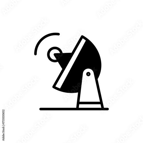 Monochrome satellite dish icon for technology concepts. A flat vector graphic symbol representing communication, broadcasting, and signals on an isolated background