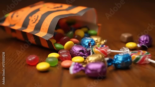 A Halloween-themed bag spills its colorful candy contents onto a wooden surface, creating a festive and tempting scene.
