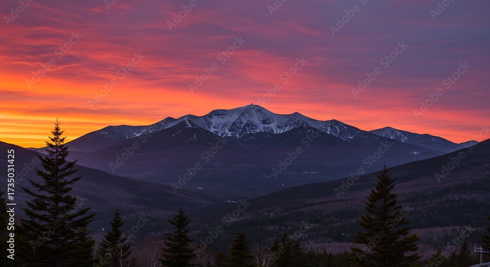 Obraz premium Majestic mountain range silhouetted by a fiery sunset sky