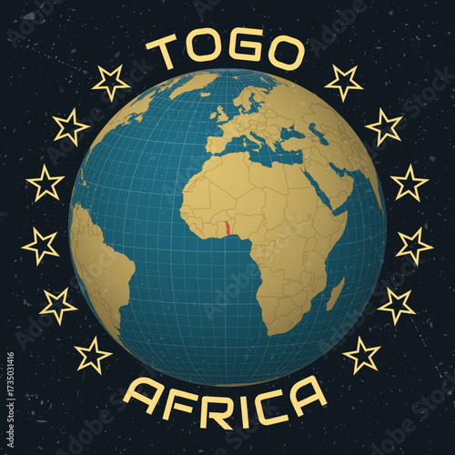 Togolese Republic on Globe. Country name round text. Vintage look with grunge scratched texture. Country view on world map in Sky Blue Light Yellow color palette. Togo shape on map.