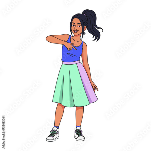 2D flat vector illustration of a gilpy teenage girl in tank top and skirt with sneakers, snapping fingers in rhythm while leaning slightly back with a smirk
