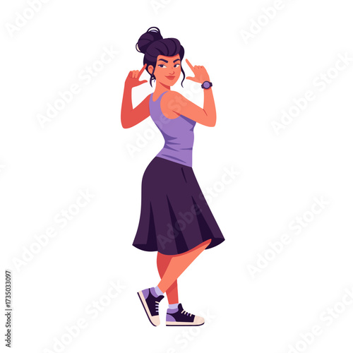 2D flat vector illustration of a gilpy teenage girl in tank top and skirt with sneakers, snapping fingers in rhythm while leaning slightly back with a smirk