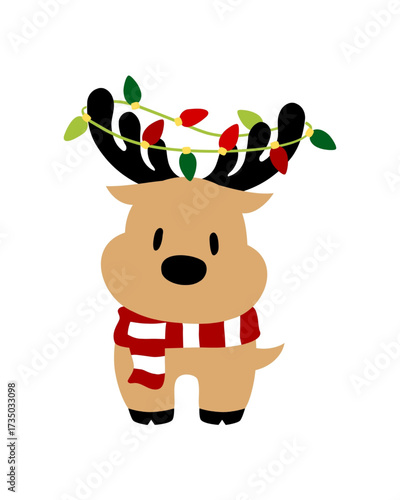 Adorable cartoon reindeer wearing a festive scarf and decorated with Christmas lights on its antlers, perfect for holiday designs