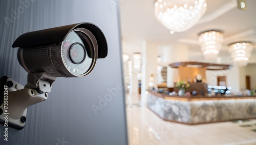 Modern CCTV security camera installed in elegant hotel lobby, ensuring guest protection and property surveillance. Advanced technology for safety, monitoring, theft prevention, and reliable.