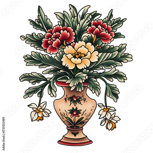 Chinoiserie Style Vase with Watercolor Roses – Decorative Botanical Illustration
