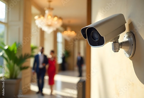 Modern CCTV security camera installed in elegant hotel lobby, ensuring guest protection and property surveillance. Advanced technology for safety, monitoring, theft prevention, and reliable.