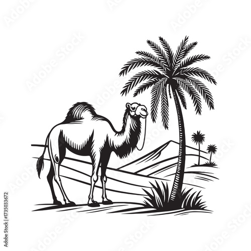 Desert Scene with Camel and Palm Tree