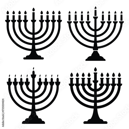 menorah minimal flat silhouette vector icon set, black color and white background