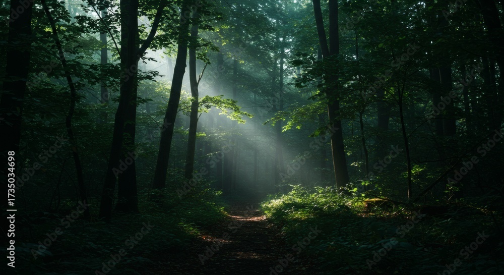 Fototapeta premium Ethereal sunbeams pierce through the dense canopy of a dark, tranquil forest, illuminating a path.