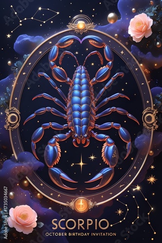 Stunning Scorpio zodiac sign with vibrant blue hues and dreamy celestial details, perfect for astrology enthusiasts and personalized birthday invitations