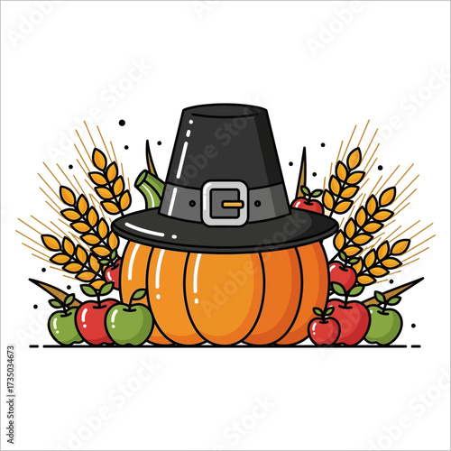A festive Thanksgiving illustration featuring a pumpkin wearing a pilgrim hat, surrounded by apples and wheat stalks.