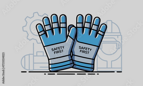 Blue Safety Gloves with Safety First Text.