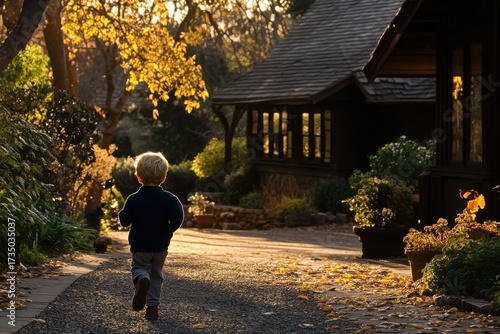 Young Child Running on Pathway During Autumn Sunset Light