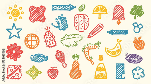Many colorful doodles on tan background perfect for stationery design, childrens books, websites, and creative projects. Artsy and fun.