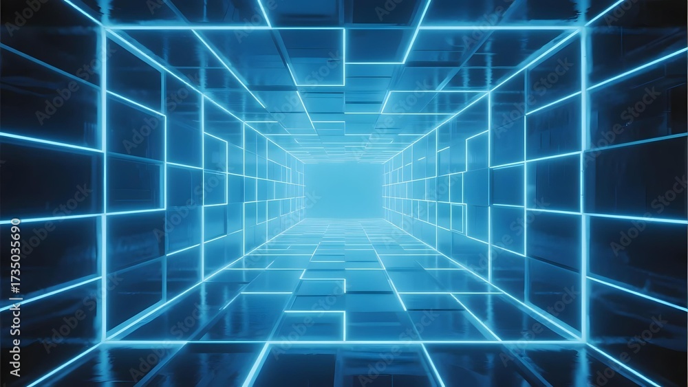 Fototapeta premium Neon blue grid tunnel with glowing lines creating a futuristic corridor effect