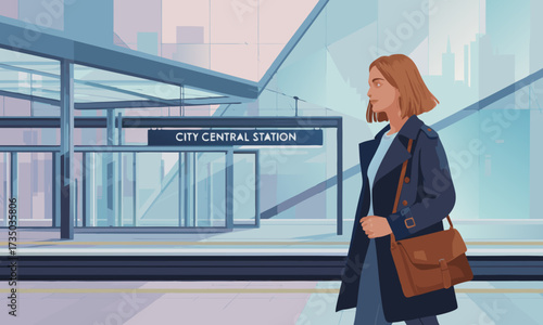 Woman Walking in City Central Station Illustration.