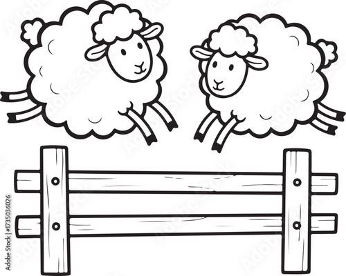 Cartoon Sheep Jumping Over Fence Line Art vector illustration