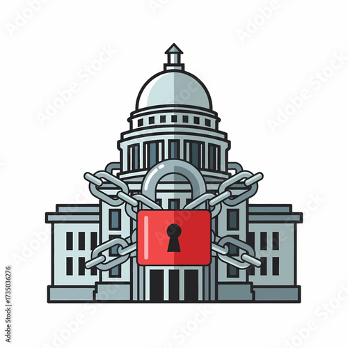 Vector illustration of a government building secured with chains and a red padlock. This powerful visual represents political shutdown, restricted access, or government control