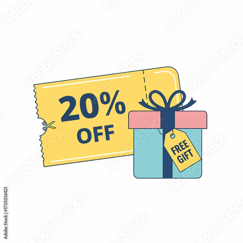 A vibrant illustration featuring a 20% off discount coupon alongside a decorative gift box with a 'free gift' tag.