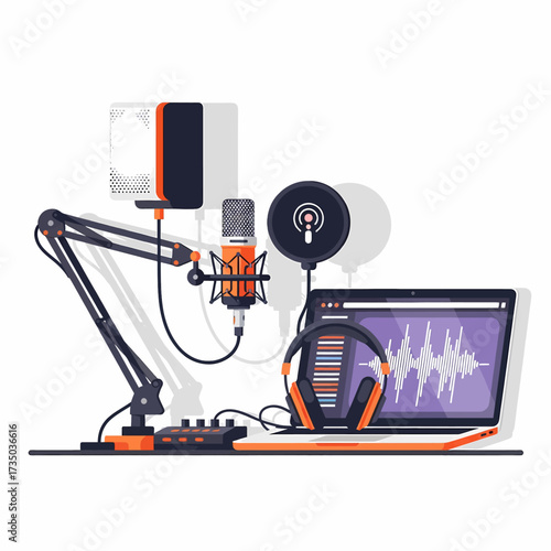A clean flat illustration of a professional podcasting studio featuring a microphone, boom arm, headphones, laptop with waveform, and mixer