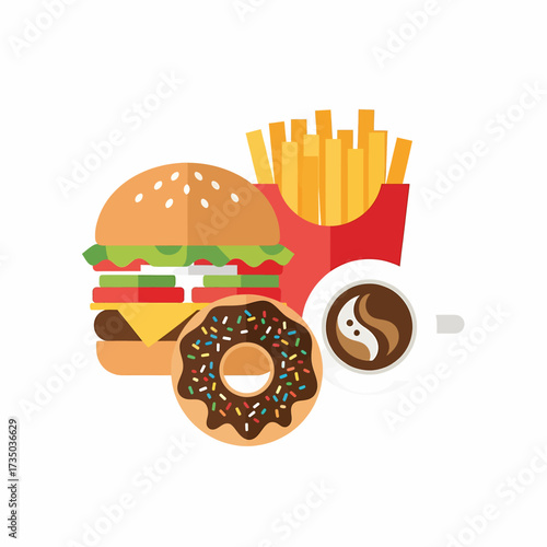 A vibrant flat design illustration of a classic fast food combo: hamburger, french fries, donut, and coffee